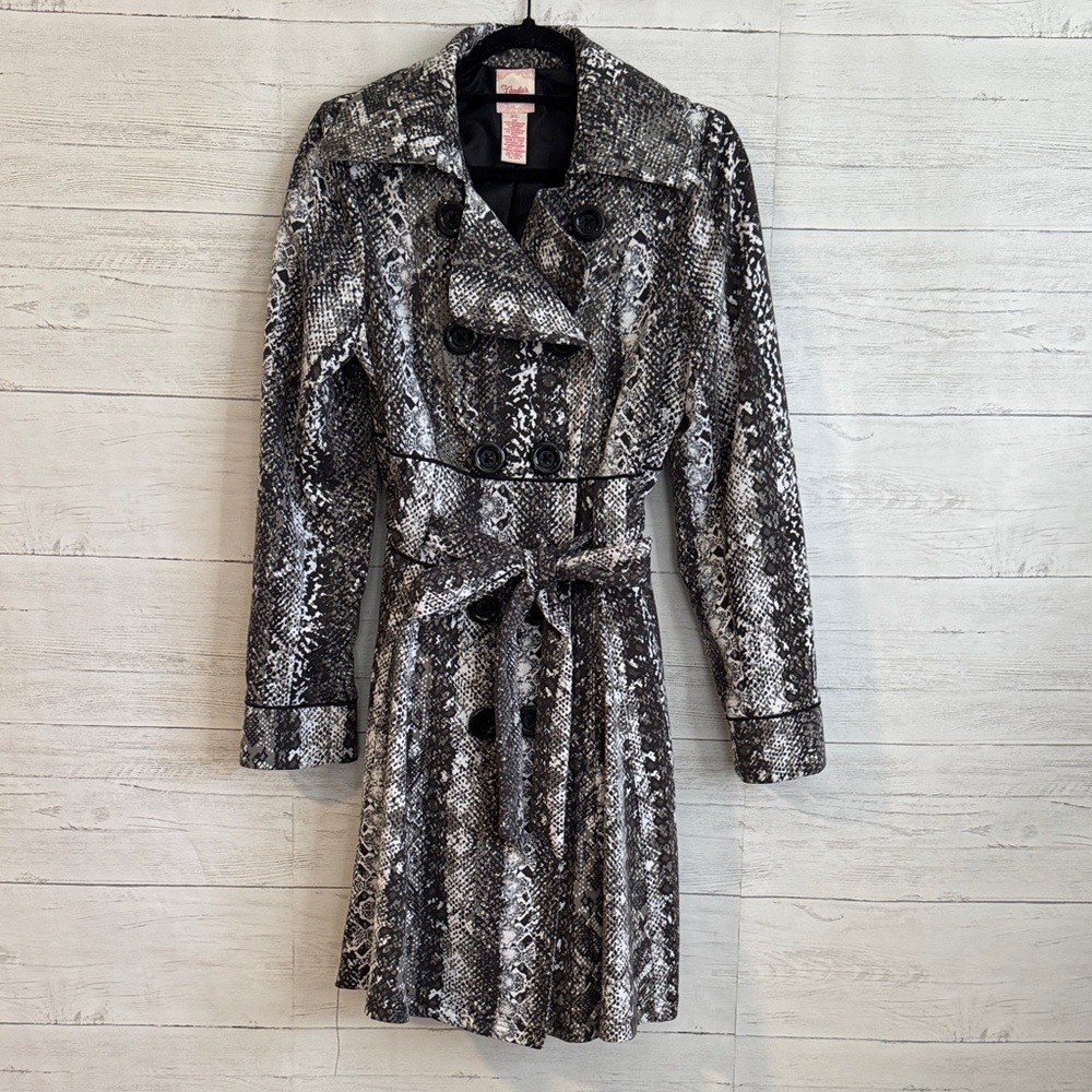 Candie's Black and Gray Faux Snake Print Trench Coat | SIZE XL